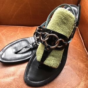 Coach Gladys black patent sandals with silver trim